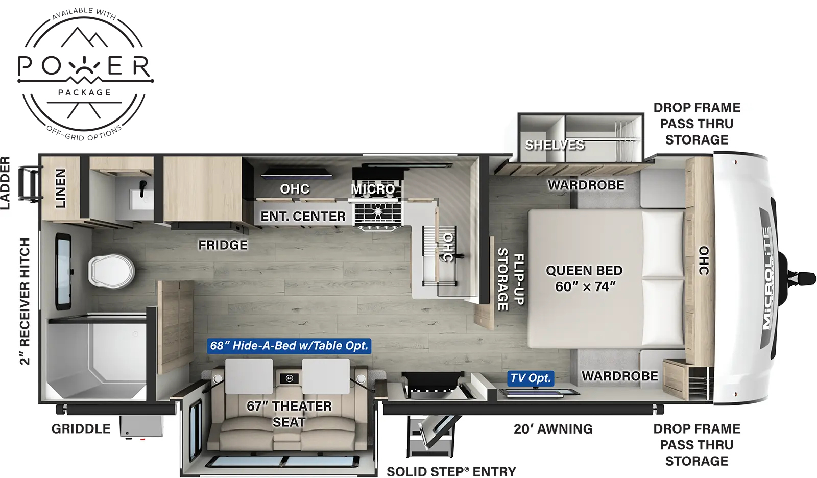 The Flagstaff Micro Lite 25FBDS has one entry and two slide outs. Exterior features include: fiberglass exterior and 20' awning. Interiors features include: front bedroom and rear bathroom.